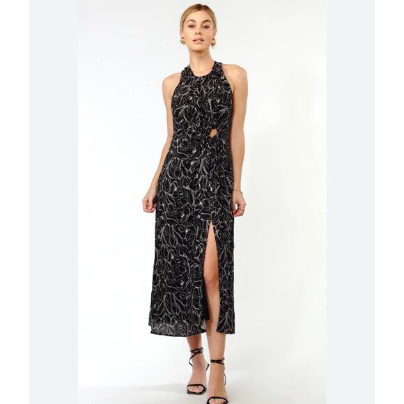 Greylin Fiona O-Ring Midi Dress Black Floral Halter Cutout NWT Size L - Picture 2 of 10